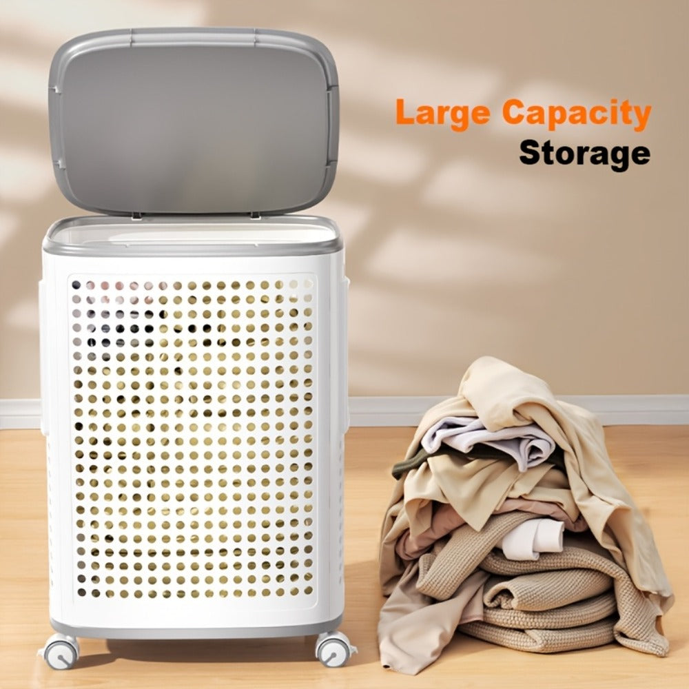 Rolling Laundry Basket with Lid and Wheels ¨C Large Foldable Ventilated Storage Bin with Lockable Casters, Removable Inner Basket for Underwear, Space-Saving Clothes Hamper for Bedroom & Bathroom