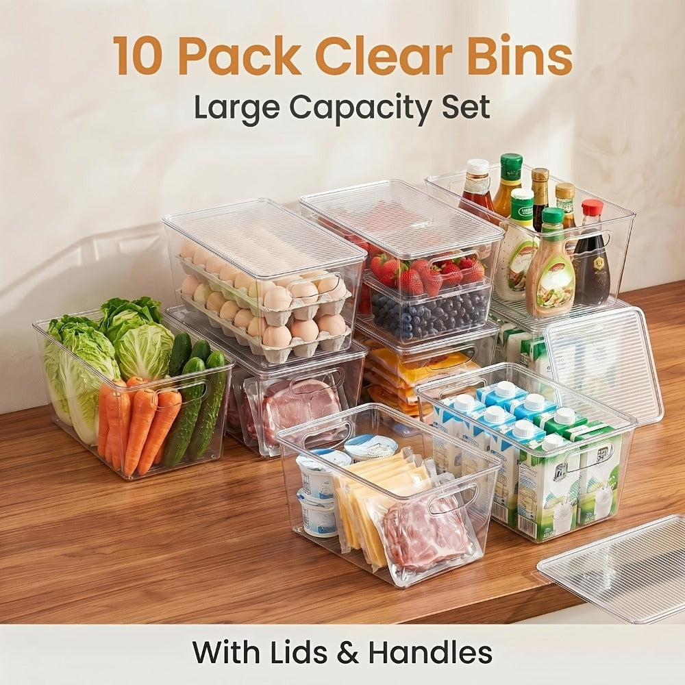 Clear Stackable Storage Bins with Lids 10 Pack - Large Plastic Pantry Organizer Containers with Handle, 11x7.5x6 Inch, for Kitchen Fridge Cabinet Closet Bathroom Organization