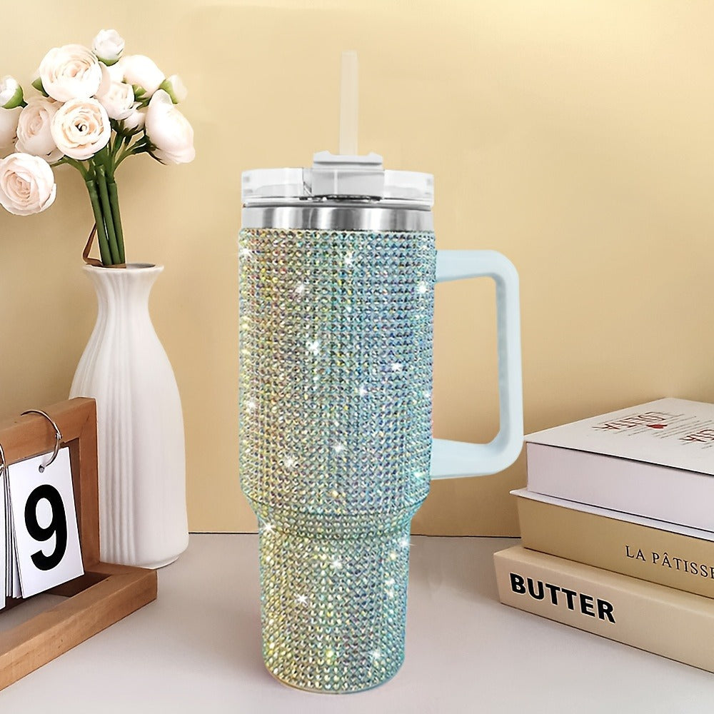 Bling Diamond Tumbler 40 Oz ¨C Studded Rhinestone Stainless Steel Insulated Travel Mug with Handle & Straw Lid ¨C Fits Car Cup Holders ¨C Glamorous Gift for Women ¨C Silver