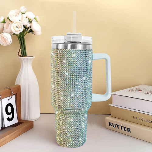 Bling Diamond Tumbler 40 Oz ¨C Studded Rhinestone Stainless Steel Insulated Travel Mug with Handle & Straw Lid ¨C Fits Car Cup Holders ¨C Glamorous Gift for Women ¨C Silver