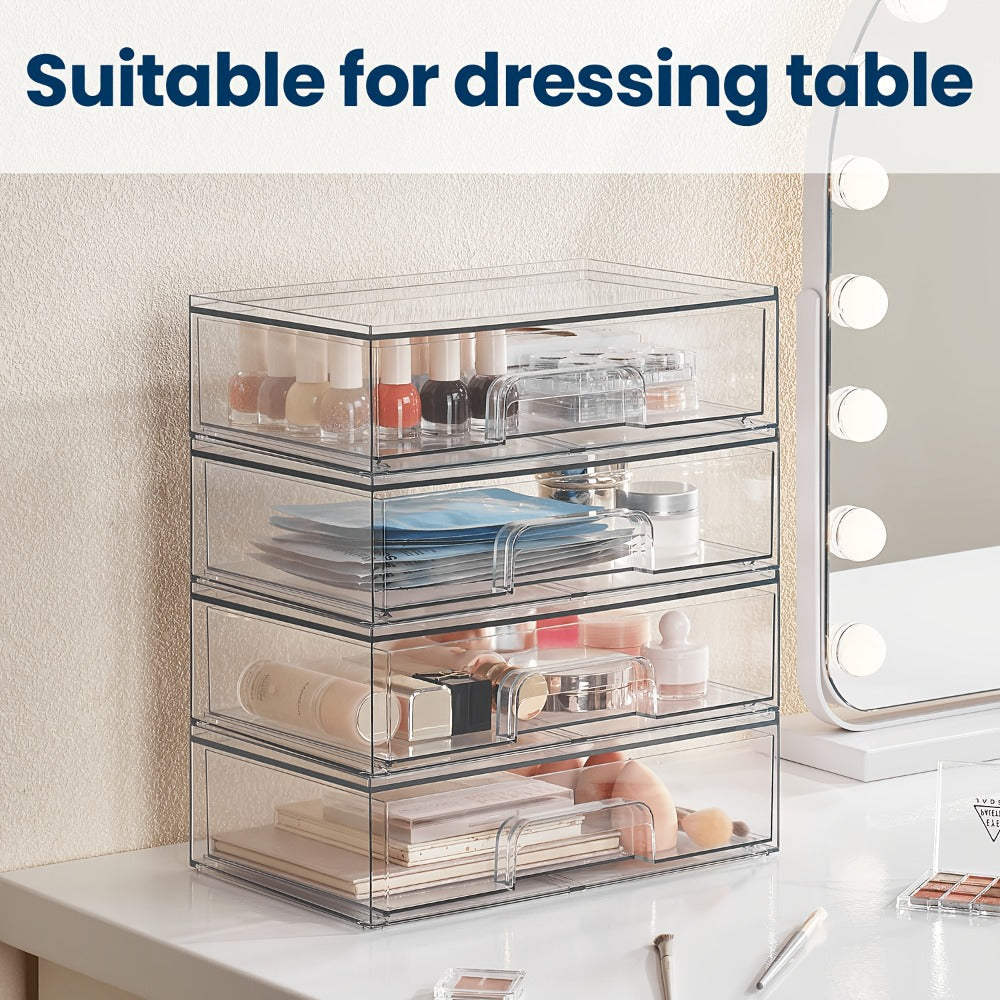 Clear Stackable Desk Drawer Organizer, Acrylic Plastic Storage Bins for Office Desk Organization, Transparent Drawer Divider Bins for Home, Studio & Vanity Table, 2 or 4 Pack Wide Organizer Trays