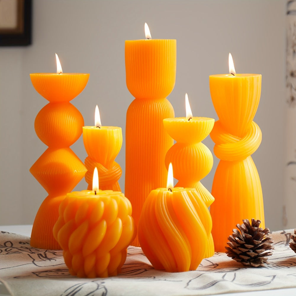 Ribbed Pillar Candles 7-Pack Large Soy Wax, Handmade Aesthetic Pillar Candle Set for Home Decor, Wedding Centerpiece, Shelf Decor, Dining Table & Housewarming Gift ¨C White, Black, Blue, Orange with Glitter
