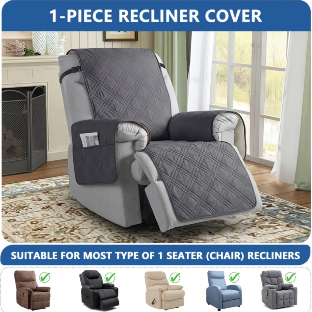 Recliner Cover Quilted with Side Pocket - Anti-Slip Elastic Band Pet Friendly Sofa Chair Protective Slipcover Easy Install for Living Room Home Decor, 6 Colors