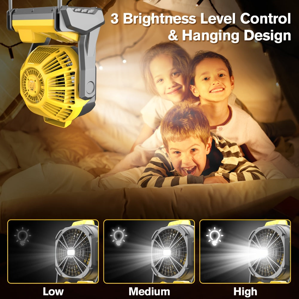 Cordless Camping Fan Compatible with DeWalt 20V Max Battery Adjustable Speed 180 Degree Tilt Built-in LED Light Hook for Hanging Portable Outdoor Fan Yellow Battery Not Included