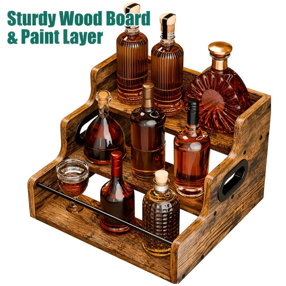 Wood Wine Rack 3 Tier Countertop Liquor Bottle Display Shelf | Solid Wood Bar Organizer for Whiskey Spirits Coffee Syrup Spices | Retro Mini Bar Cabinet Stand for Home Kitchen