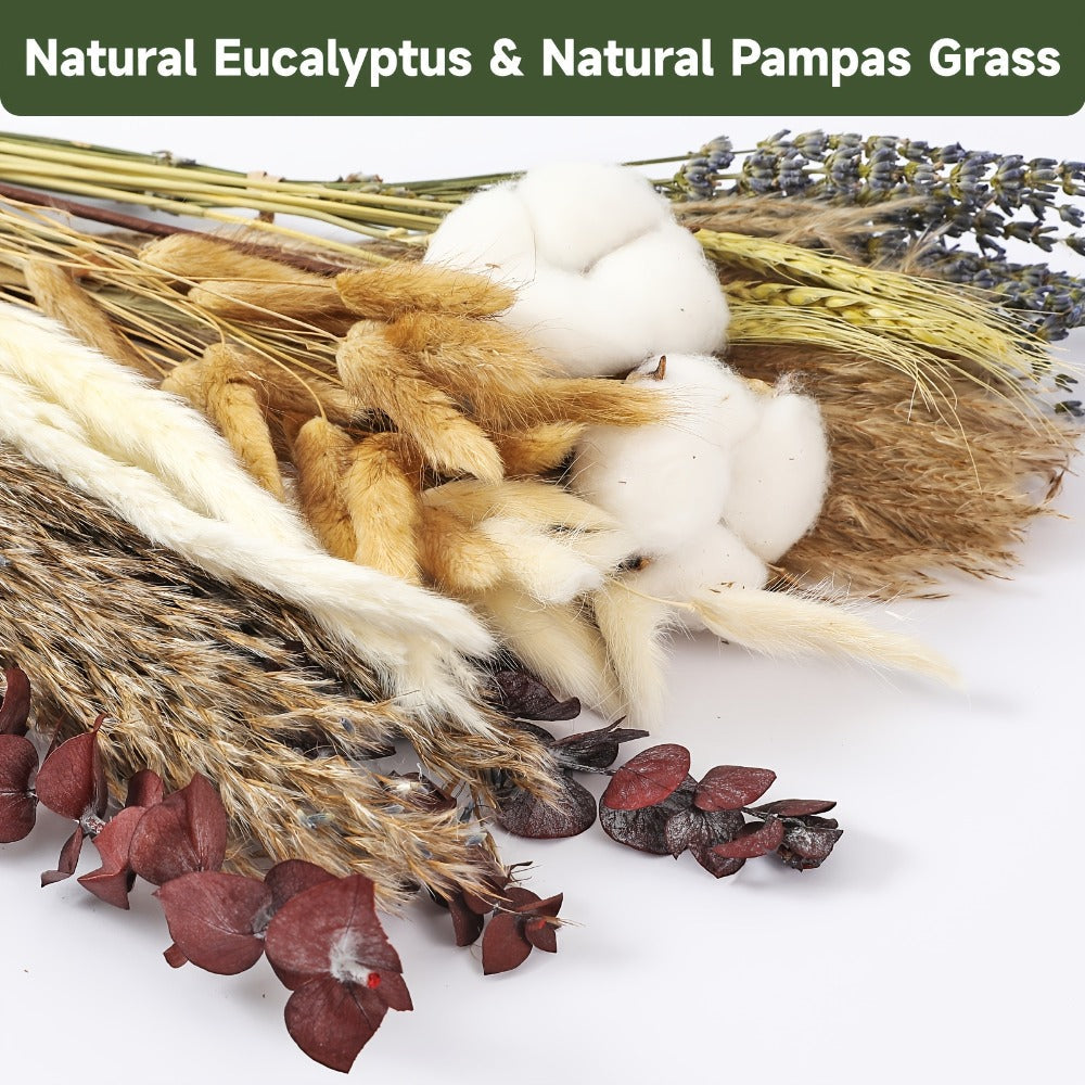 Dried Flower Bouquet 80pcs ¨C Pampas Grass, Bunny Tails, Eucalyptus, Lavender & Wheat Stems for Rustic Boho Home Decor, Vase Filler, Fall Decorations, Wedding Centerpiece & Floral Gift Arrangement