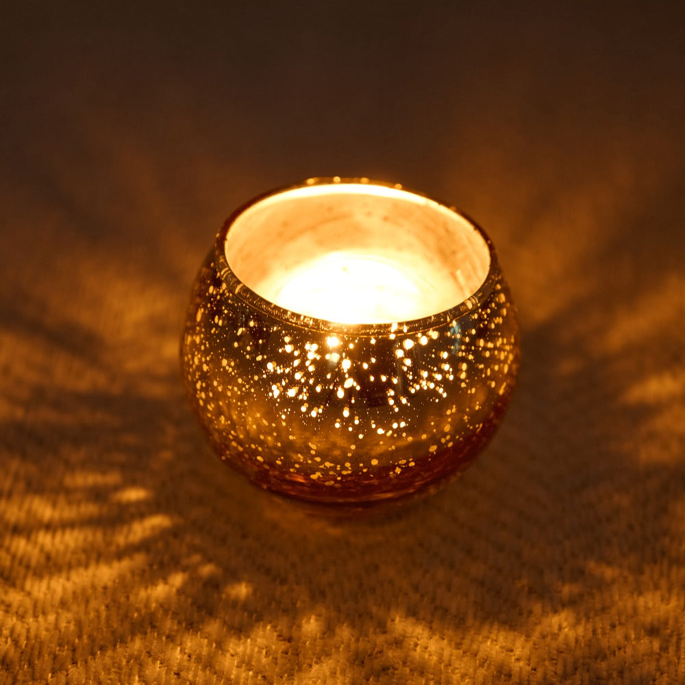 Votive Candle Holders Bulk - High Temperature Glass Hurricane Candle Holders for Weddings, Parties & Romantic Dinners, Starlight Shimmer Effect, Set of 6/12/24, Golden, Pink, Silver & Green