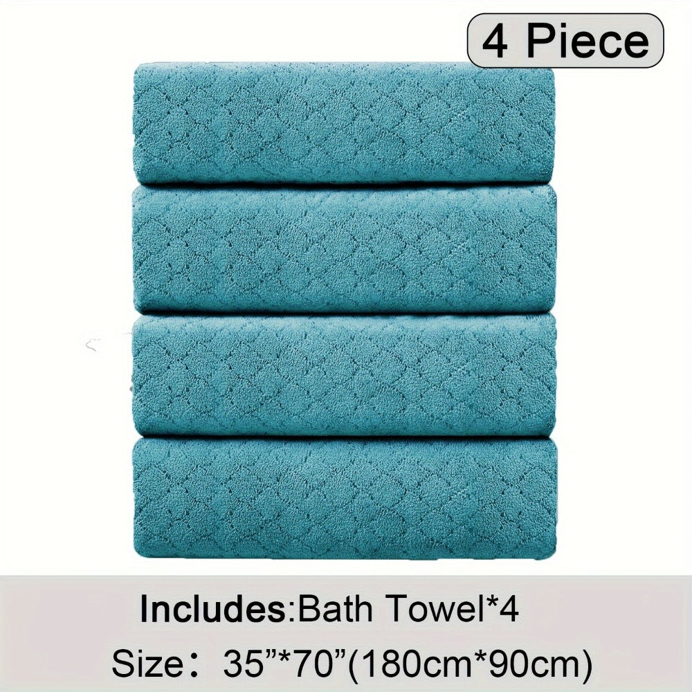 Oversized Bath Towel Set 4 Piece Diamond Pattern Microfiber - Ultra Soft Highly Absorbent Quick Dry | 10 Colors | Blue Green Black Gray Navy Orchid Brown Purple White Turquoise | Bathroom Hotel Gym Gift