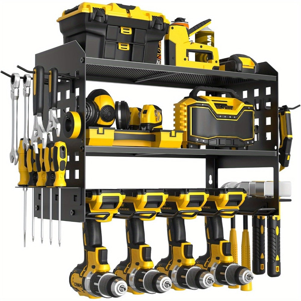 Power Drill Holder Wall Mount ¨C Heavy Duty Tool Storage Rack with 3/4 Layer Floating Shelf | Cordless Drill Organizer | 4/6/8 Drill Holders Workshop Tool Rack for Garage & Workshop Organization