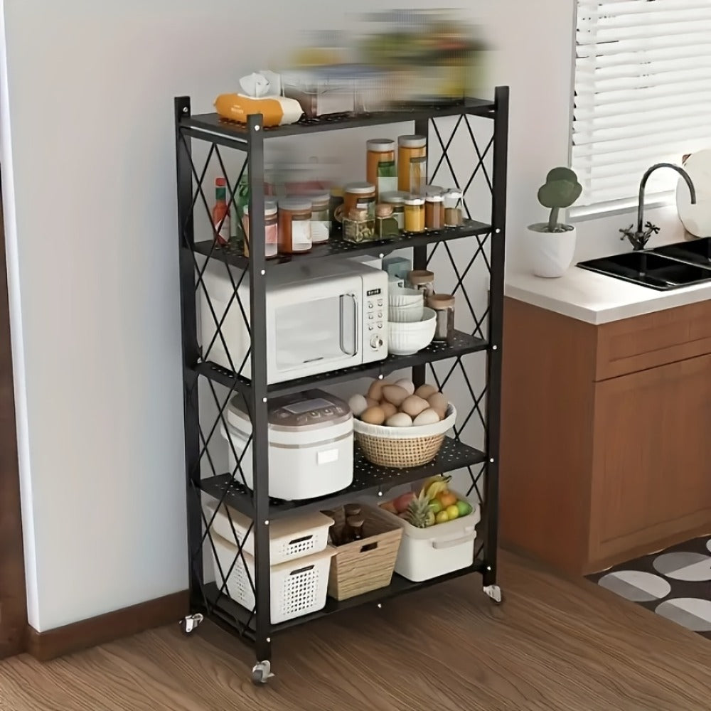 Rolling Storage Shelf with Wheels 3 4 5 Tier Foldable Office File Rack Mobile Floor Standing Organizer for Home Office Black White
