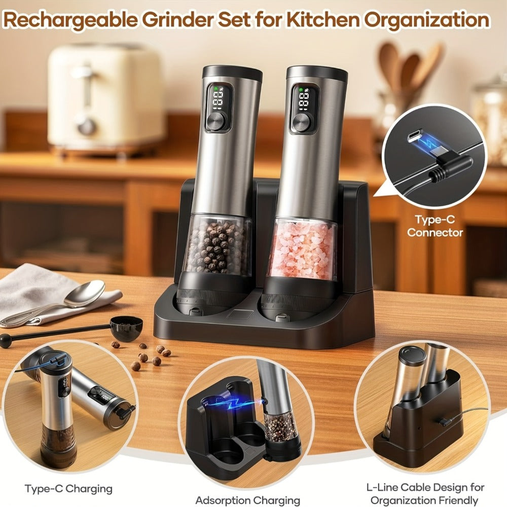 Electric Salt and Pepper Grinder Set Rechargeable USB Large Capacity with Base Automatic Adjustable Coarseness LED Display Kitchen Gift Silver Black