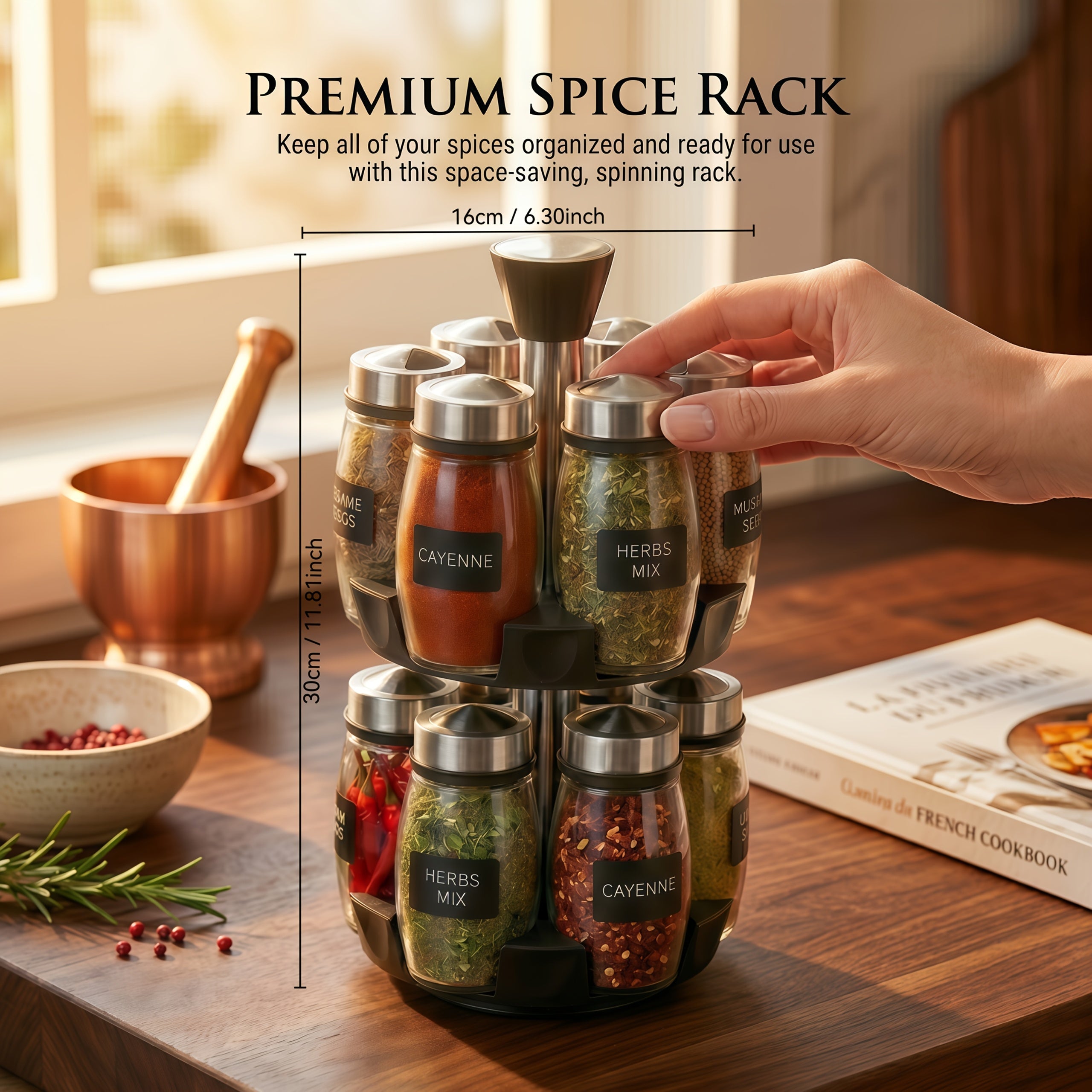Glass Spice Jar Set with Rotating Rack ¨C Airtight Kitchen Spice Organizer with 360¡ã Stainless Steel Stand ¨C Food Grade Glass Seasoning Bottles for Pantry, Cabinet & Countertop Storage ¨C 6 or 12 Piece
