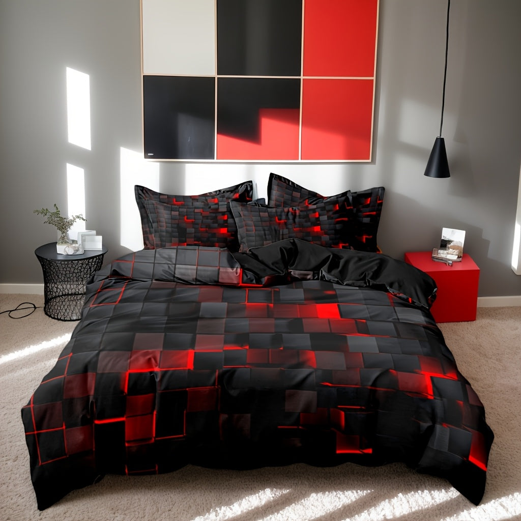 Duvet Cover Set Queen King Twin Full 3D Geometric Cube Print | 3-Piece Polyester Bedding Set | Black Blue Grid Pattern | All-Season Soft Quilt Cover + 2 Pillowcases | Machine Washable