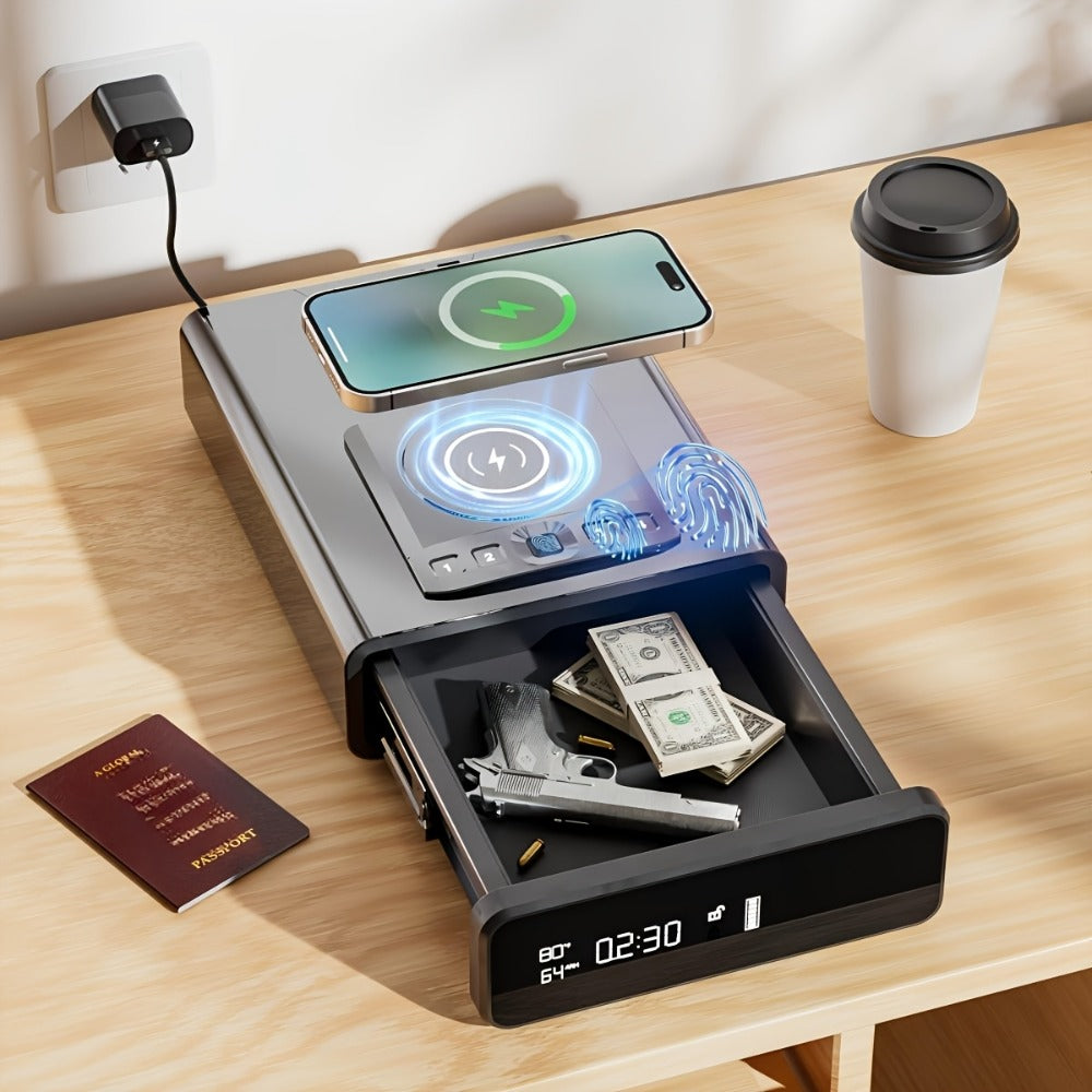 Biometric Gun Safe with Fingerprint Lock LED Clock and Wireless Charging DOJ Pistol Safe Backlit Keypad LED Light 2-in-1 Watch Mobile Charging Jewelry Storage Bedside Nightstand Safe Grey Black