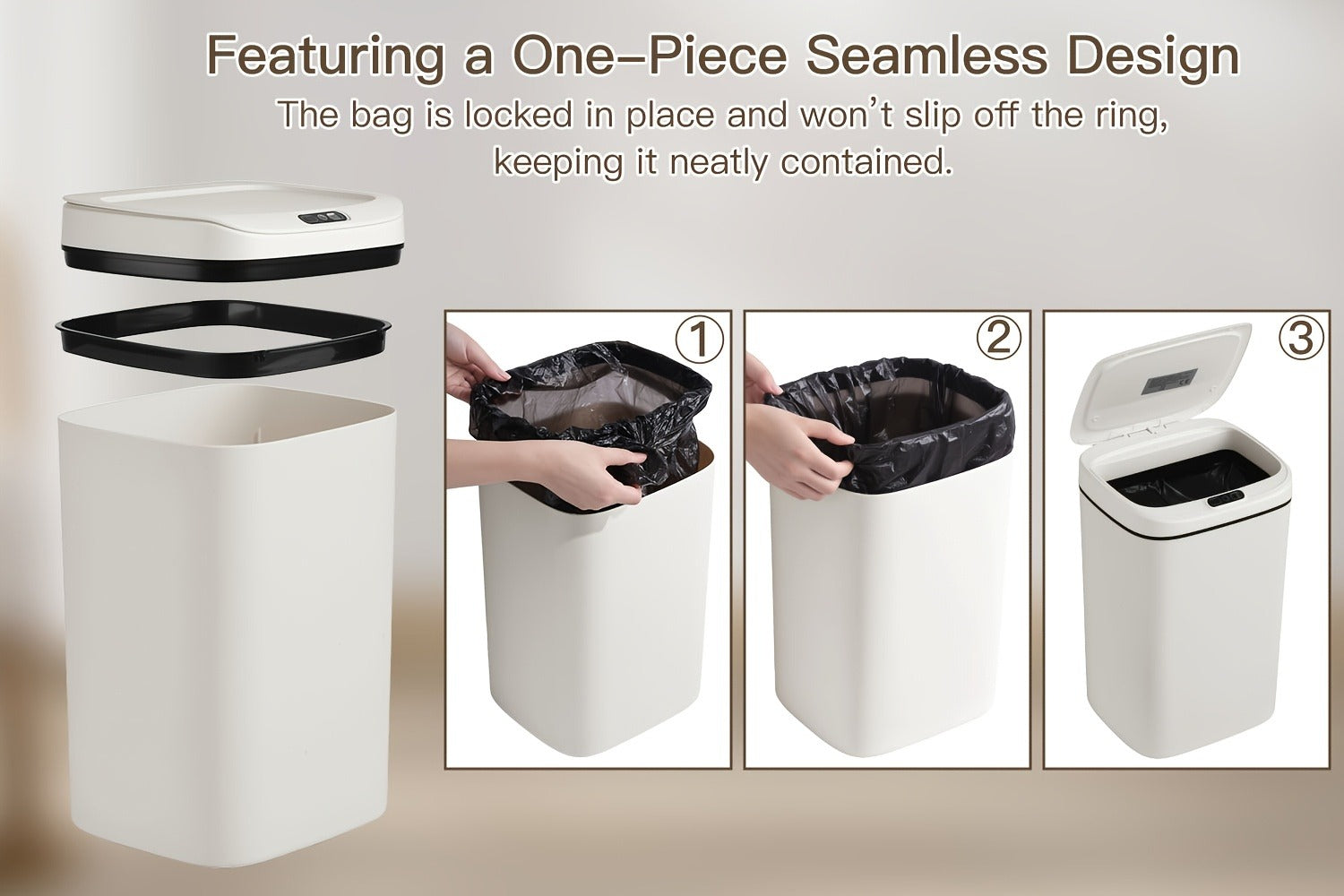 Motion Sensor Trash Can Touchless ¨C Smart Hands-Free Trash Bin with Sealing Lid & Odor-Blocking Technology, Trash Bag Fixing Ring, Easy Clean Durable Design for Kitchen, Office & Bathroom