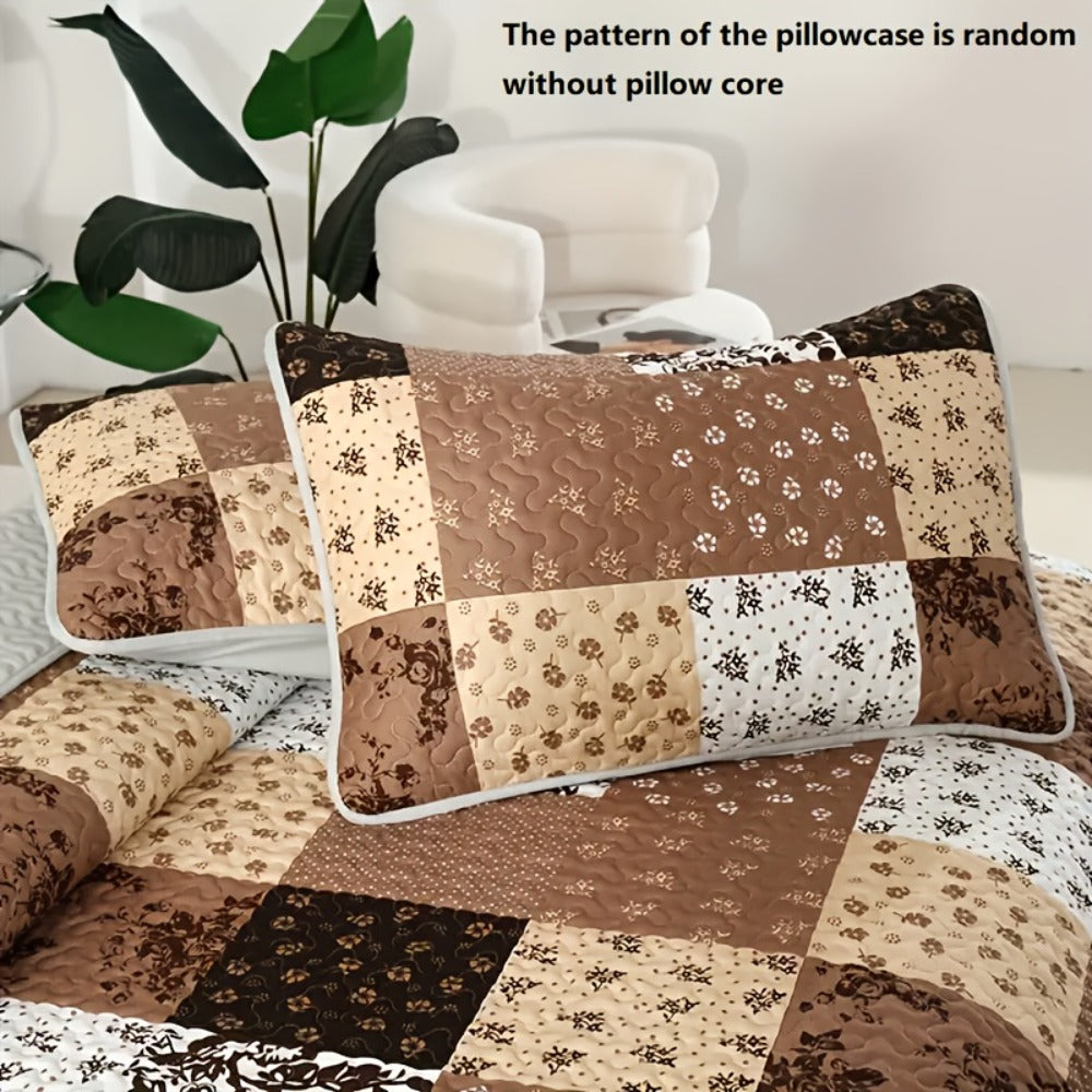 Patchwork Quilted Bedspread Set 3 Piece - 1 Quilt & 2 Pillow Shams Machine Washable All-Season Soft Breathable 100% Polyester Bedding Set for Bedroom Dorm, Twin Full Queen King