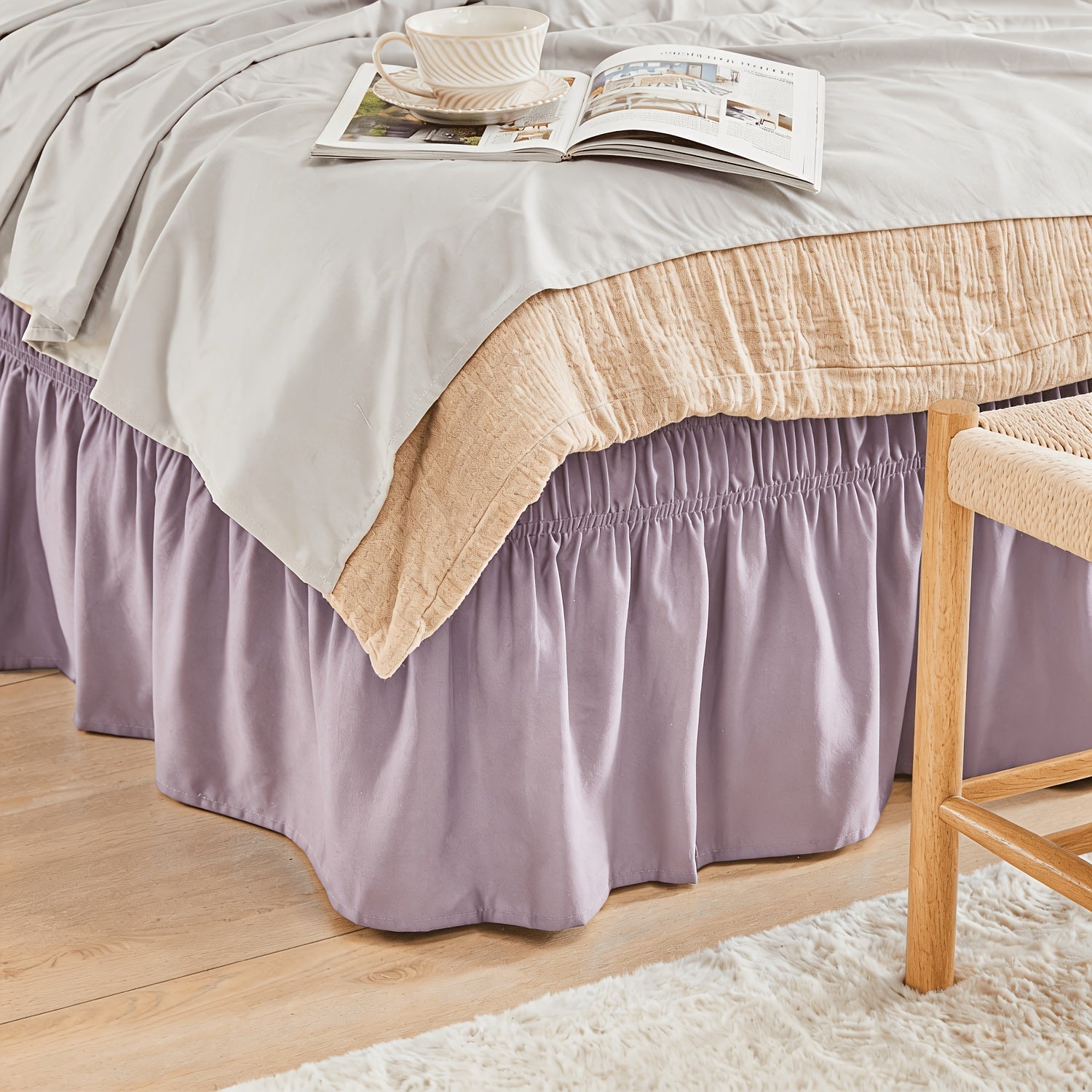 Bed Skirt with Adjustable Elastic Belt - Ruffle Microfiber Dust Ruffle 15 Inch Drop, Hotel Quality, Fade Resistant, Machine Washable, Easy Wrap Fit