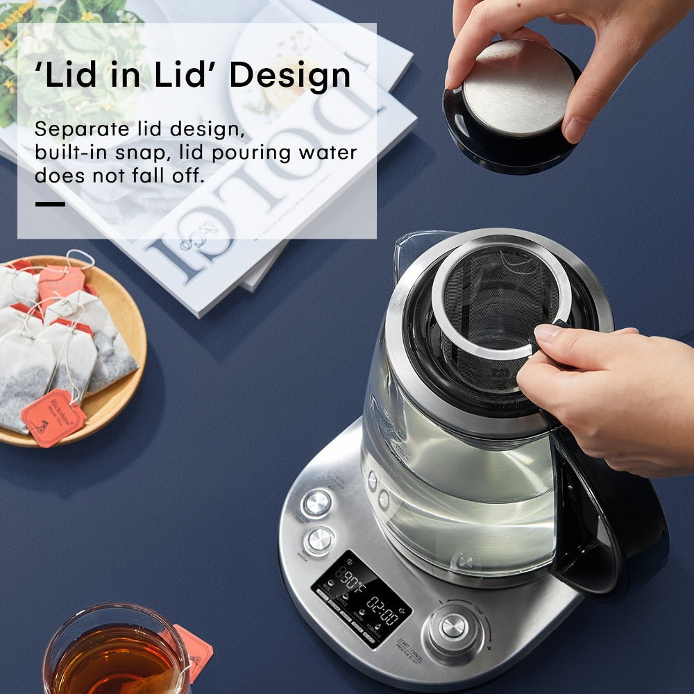 Electric Tea Kettle with 9 Temperature Control Presets ¨C 1.7L Borosilicate Glass Kettle, 1200W, Removable Infuser, 2-Hour Keep Warm, Stainless Steel Hot Water & Tea Pot for Home & Office