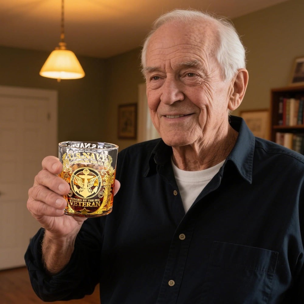 Engraved Veteran Tribute Whiskey Glass 10oz - US Navy Military Gift, Personalized Patriotic Whiskey Glasses for Dad, Military Vet Anniversary Gift