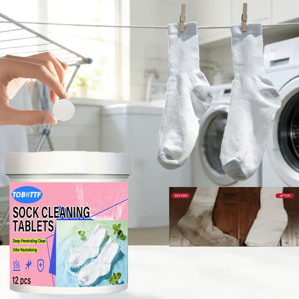 Sock Cleaning Tablets Deep Penetration Odor Neutralization Sweat Stain Remover 12 Tablets No Scrubbing Laundry Soaking Effervescent