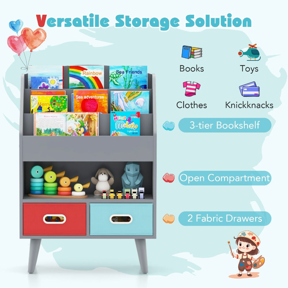 Kids Bookshelf 3-Tier with 2 Fabric Bins Open Compartments Anti-Tip Safety Design Sturdy MDF Children Book Organizer Display Rack for Playroom Nursery Classroom Bedroom Toddlers Age 3+