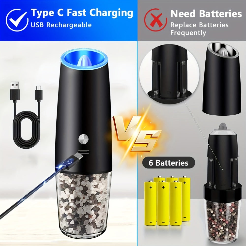 2pcs USB Rechargeable Electric Salt and Pepper Grinder Set with LED Light & Adjustable Coarseness, One-Hand Operation
