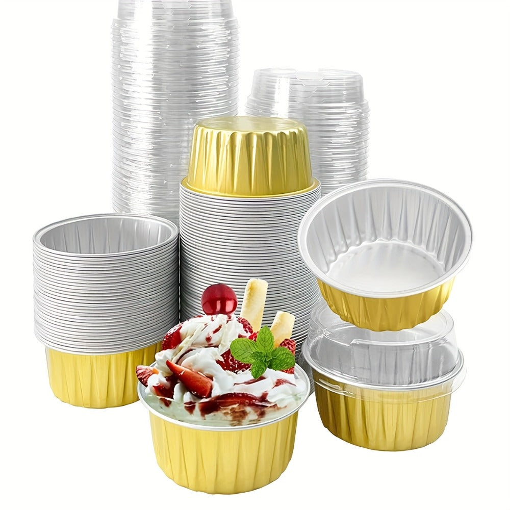 Aluminum Foil Baking Cups with Lids, Disposable Cupcake Molds with Spoons, Oven Safe Foil Dessert Cups for Pudding Muffins Mousse, Party Baking Supplies for Weddings Birthdays, 30 or 50 Sets