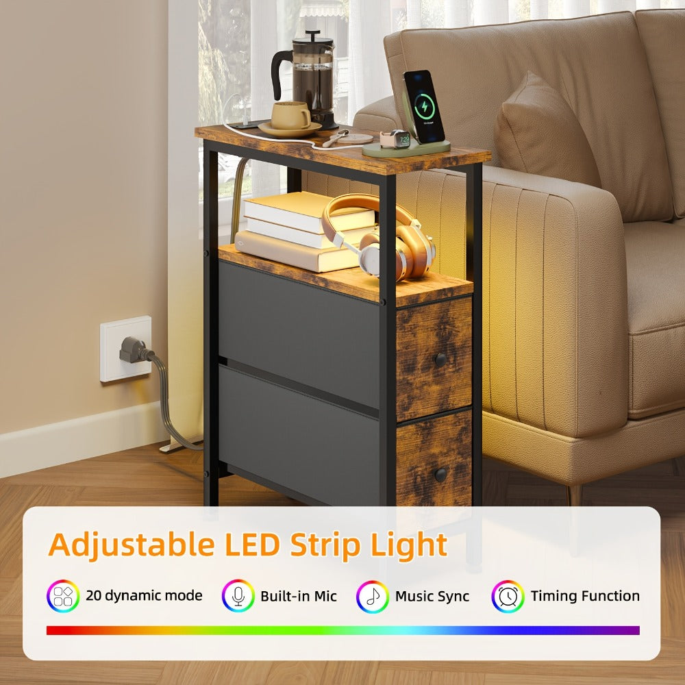 Nightstand with Charging Station Slim LED Bedside Table with Fabric Drawers, Narrow End Table for Small Spaces Bedroom Dorm Living Room Couch, Skinny Side Table Storage Unit Brown Black White