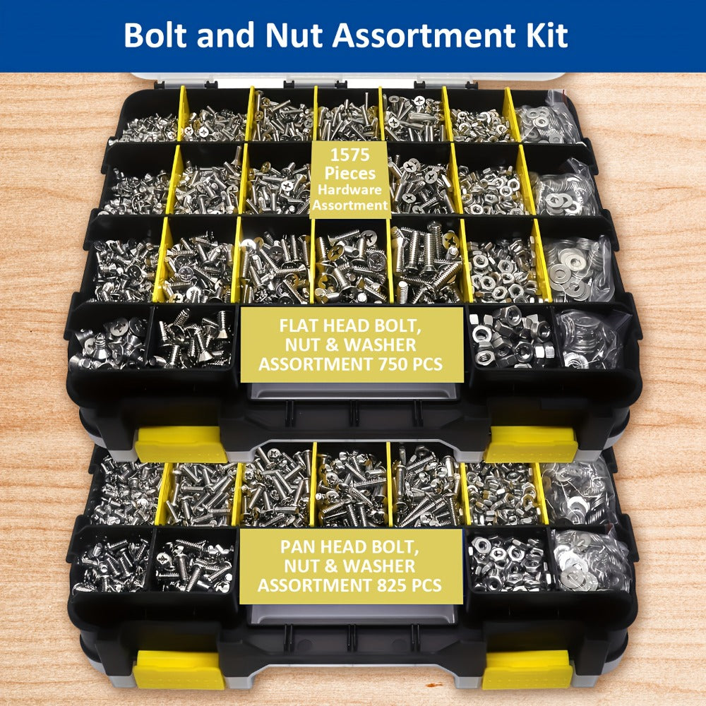 1575pcs 304 Stainless Steel Nuts and Bolts Assortment Kit ¨C Pan Head Flat Head Screws Nuts Washers with Double-Sided Storage Box for Home & Mechanical Repairs