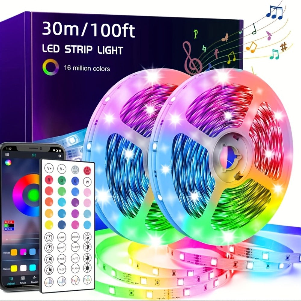 Color Changing LED Strip Lights 100FT with App Control & 44-Key Remote, 24V RGB Music Sync, Adjustable Brightness, Bedroom Kitchen Living Room Home Christmas Party Decoration with 24V Adapter Included