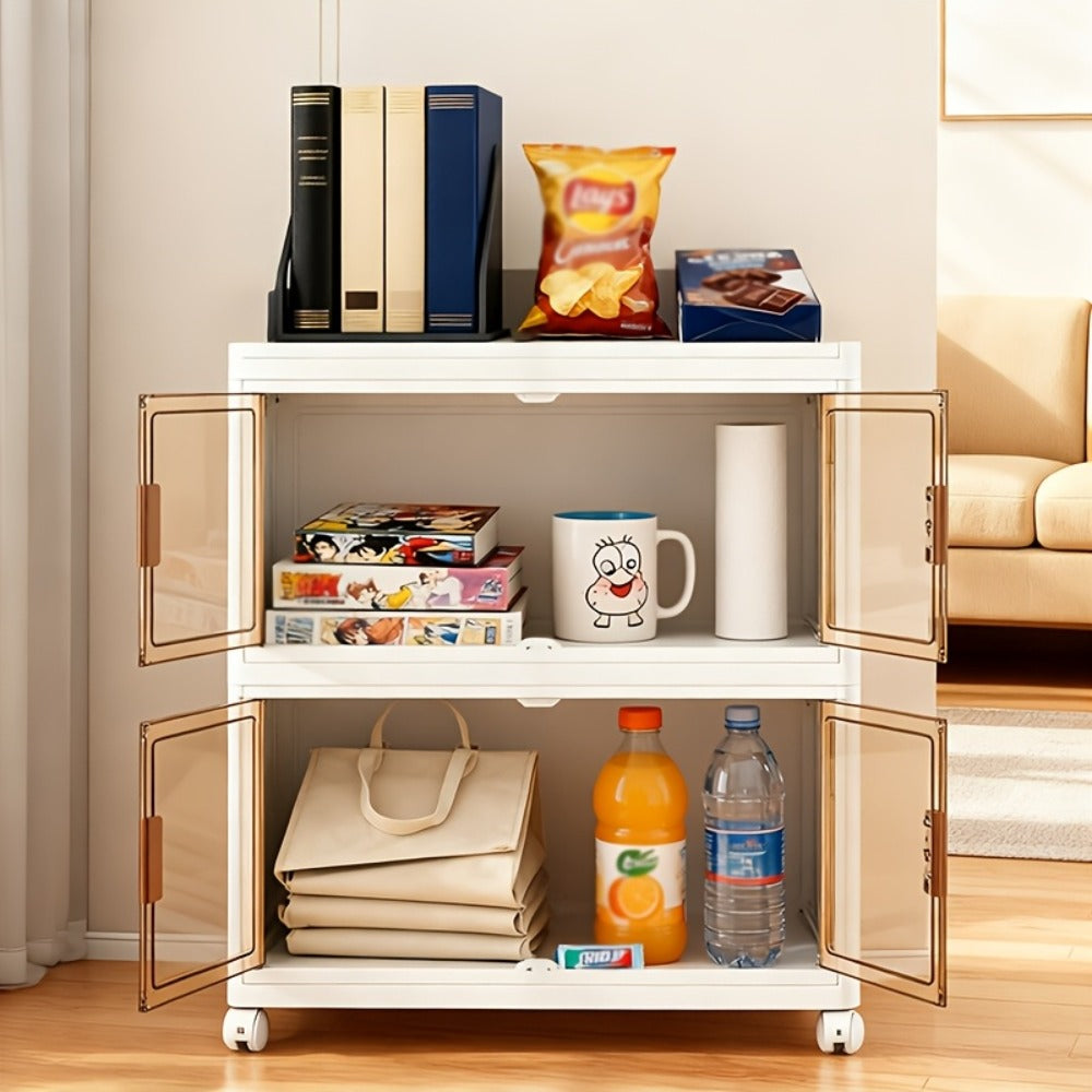 Stackable Foldable Storage Cabinet with Door ¨C PP Plastic 1/2/3/4/5 Layer Organizer Box with Wheels & Cover | Dual-Access Home Storage for Clothes, Books, Snacks & Kitchen Supplies | Office & Garage