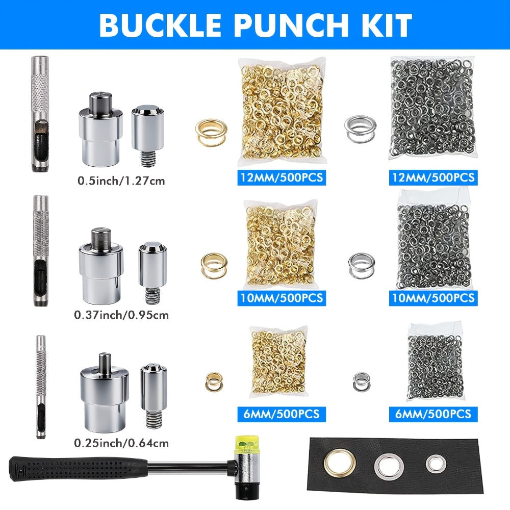 Grommet Machine Kit Heavy Duty Eyelet Punch Tool Set ¨C 3 Setting Dies 3 Punching Dies 6mm 10mm 12mm Hand Press with 3000 Silver & Gold Grommets for Fabric Leather Canvas Tarp Crafts