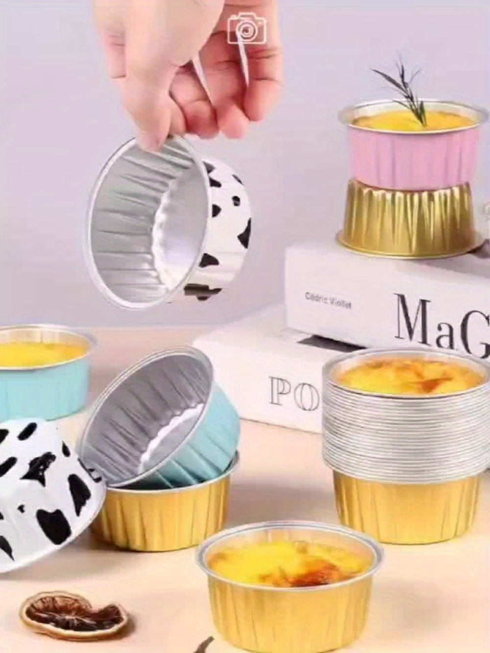 Aluminum Foil Baking Cups with Lids, Disposable Cupcake Molds with Spoons, Oven Safe Foil Dessert Cups for Pudding Muffins Mousse, Party Baking Supplies for Weddings Birthdays, 30 or 50 Sets