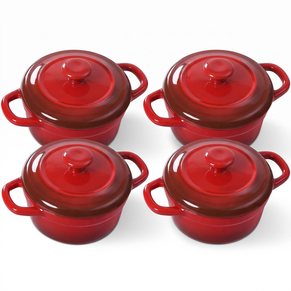 Mini Cocotte Ceramic Casserole Dishes Set of 4 with Lids and Handles - 12oz Oven Safe Baking Ramekins Microwave Dishwasher Safe Cookware
