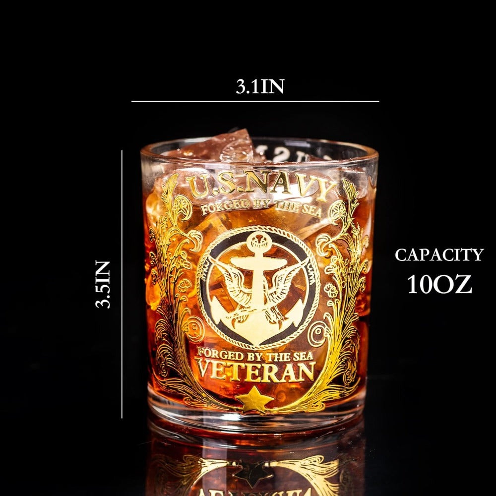 Engraved Veteran Tribute Whiskey Glass 10oz - US Navy Military Gift, Personalized Patriotic Whiskey Glasses for Dad, Military Vet Anniversary Gift