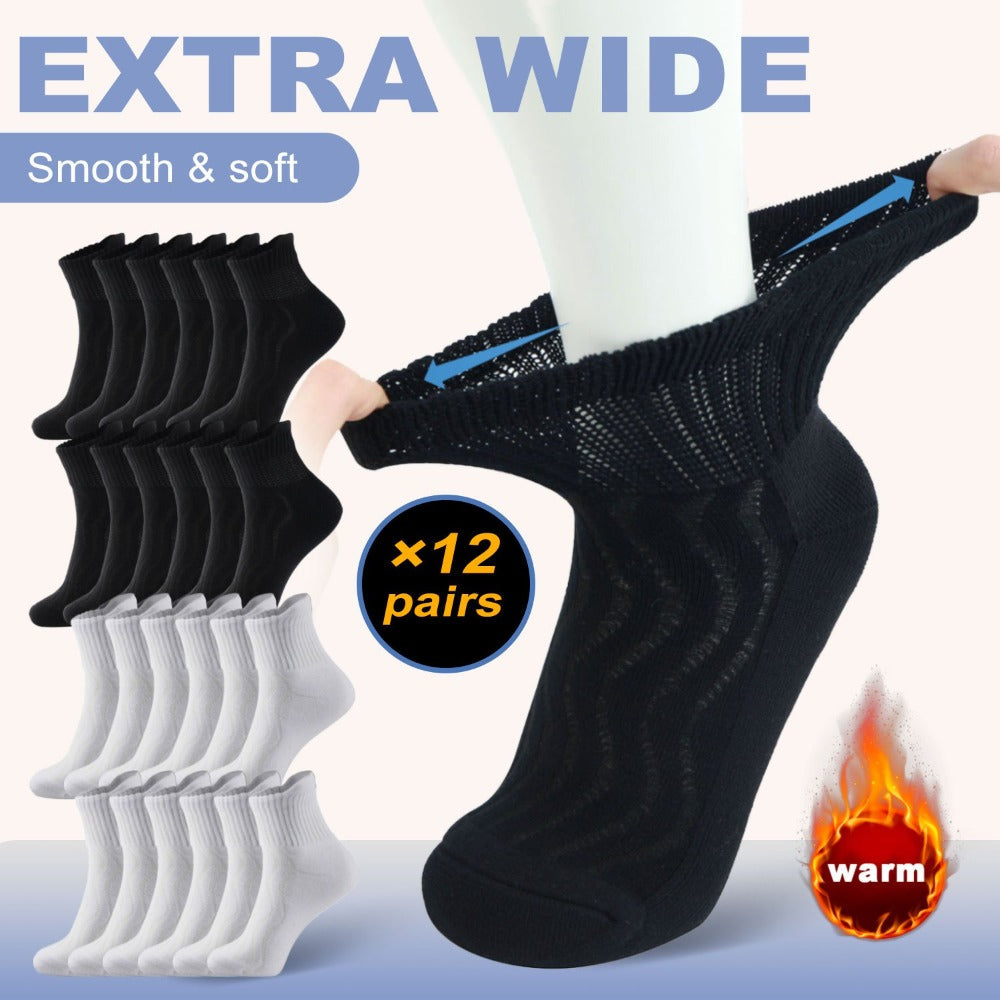 Diabetic Socks for Men & Women, 12 Pairs Non-Binding Wide Top Ankle Socks with Extra Cushioned Sole, Seamless Toe, Soft Cotton Comfort Socks for Sensitive Feet, Black & White