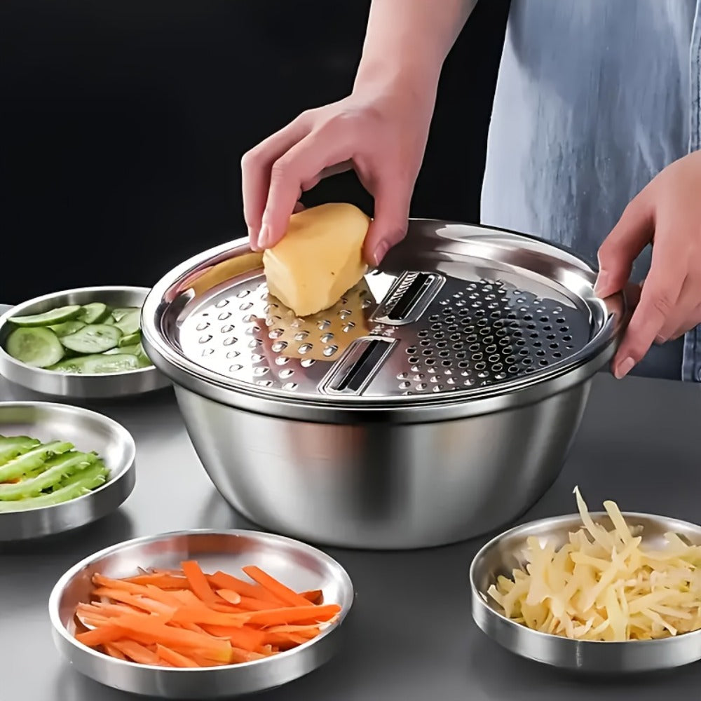 Stainless Steel 3-in-1 Kitchen Prep Set with Mixing Bowl Built-In Grinder Multi-Layer Slicer and Drainage System Food Safe Prep Bowl for Fruits Vegetables Cheese