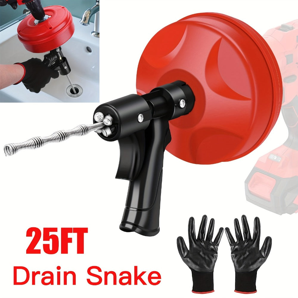 Drain Snake Auger 25ft with Drill Adapter - Heavy Duty Manual & Drill-Powered Plumbing Snake, 1/4¡± Spiral Head for 1-1/4¡± to 3¡± Pipes, Clog Remover for Shower Sink Toilet Bathtub, Gloves Included