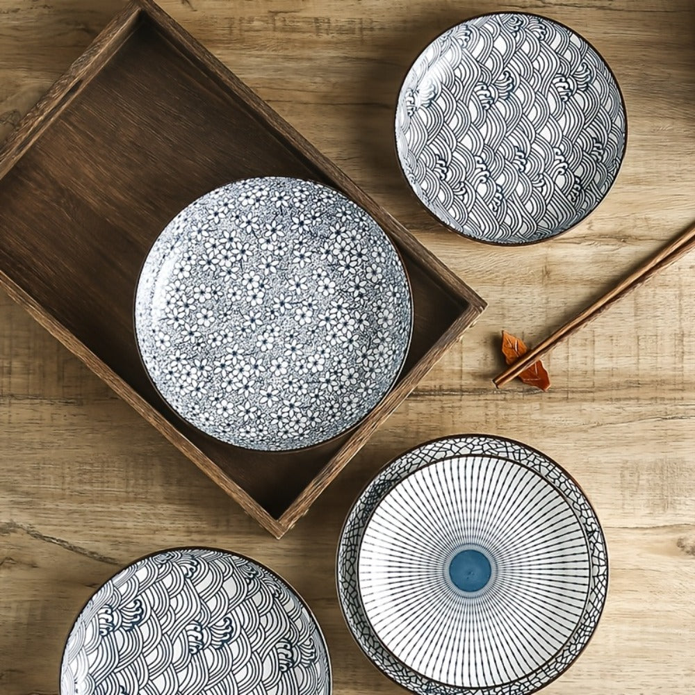 Blue White Ceramic Plates Set of 4 Round Shallow Serving Plates for Pasta Salad Bread Desserts - Holiday Dinnerware for Christmas Easter Thanksgiving Table Settings, Easy to Clean Dishwasher Safe