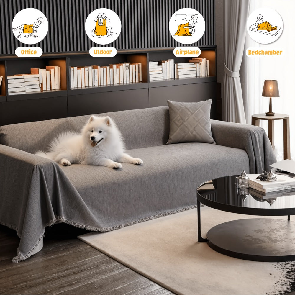 Couch Cover Throw Chenille Fringe Extra Large - Pet Friendly Scratch Proof Non-Slip Washable Polyester Sofa Protector | 3 Seat 71x102in 4 Seat 71x134in | Beige Gray Brown | Living Room Multipurpose
