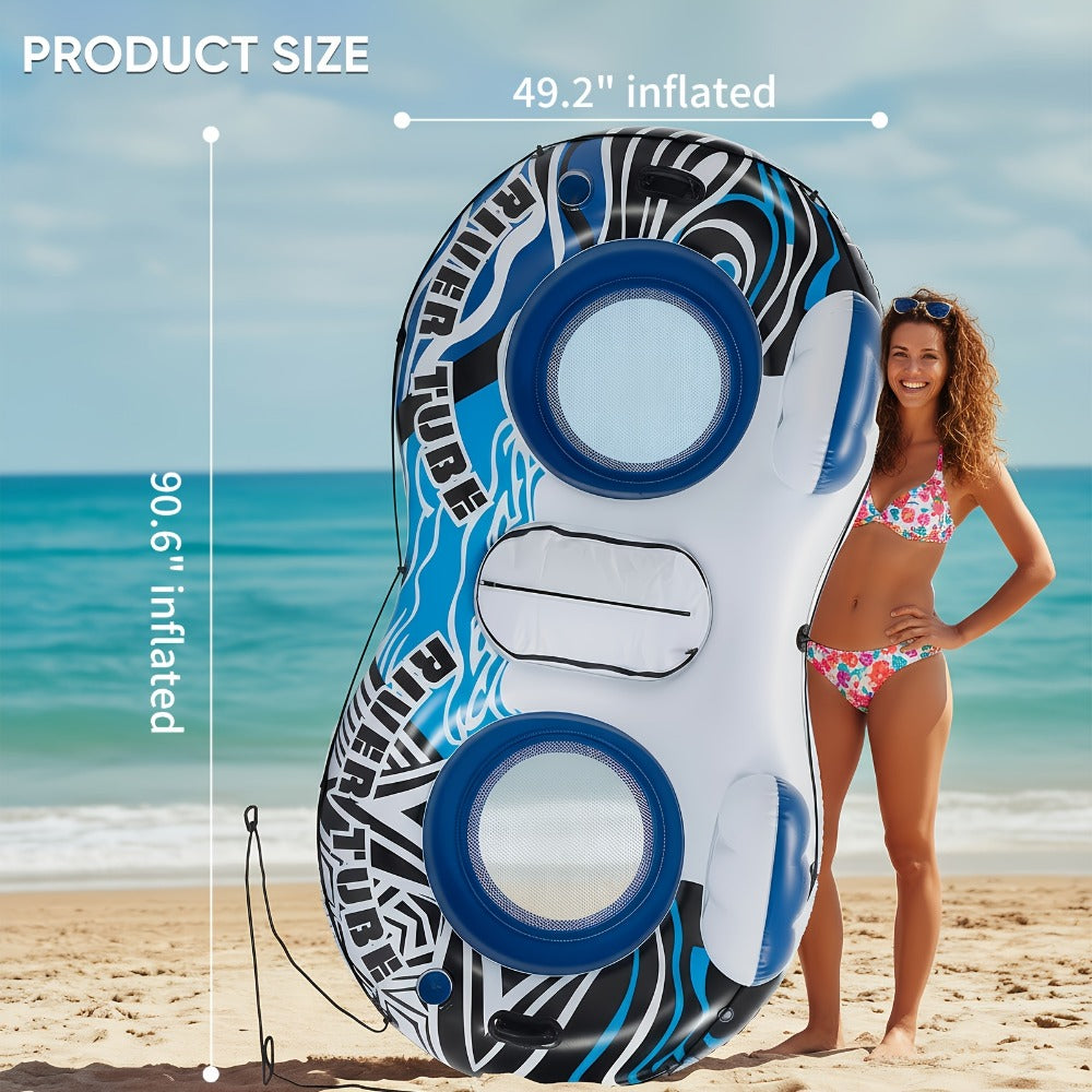 Inflatable Pool Float Bed with Detachable Cooler ¨C Heavy Duty Double Adult Lounge Raft with Cup Holders for Swimming Pool, River & Lake, Durable Blow Up Water Lounger Chair, Blue & Green / Blue & White