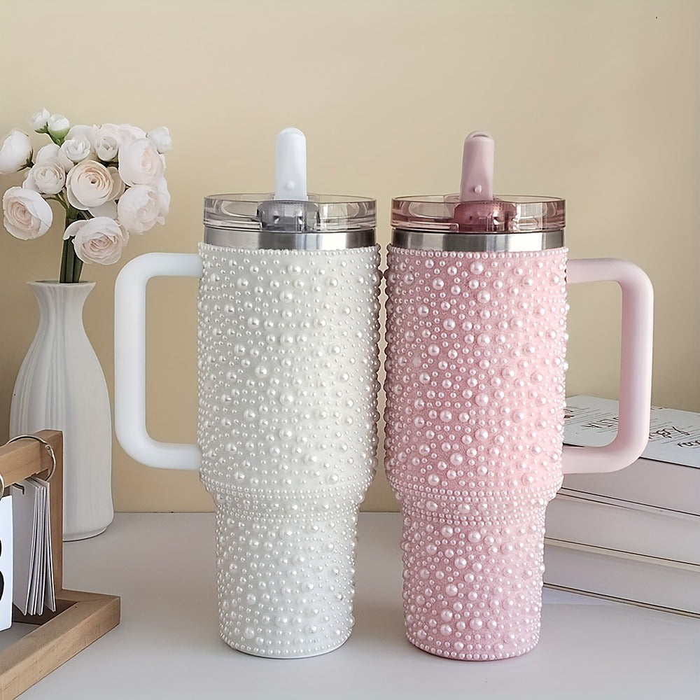 40oz Rhinestone Tumbler with Handle and Straw ¨C Stainless Steel Double Wall Insulated Cup | Pearl Glitter Travel Mug for Sublimation Outdoor Sports Camping Holiday Gift