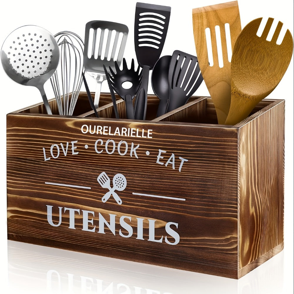 Wooden Cutlery Storage Box with Grid Compartments Chopstick Organizer Rack with Metal Accents for Kitchen Drawer Bedroom Desk Home Organization in Natural White Black