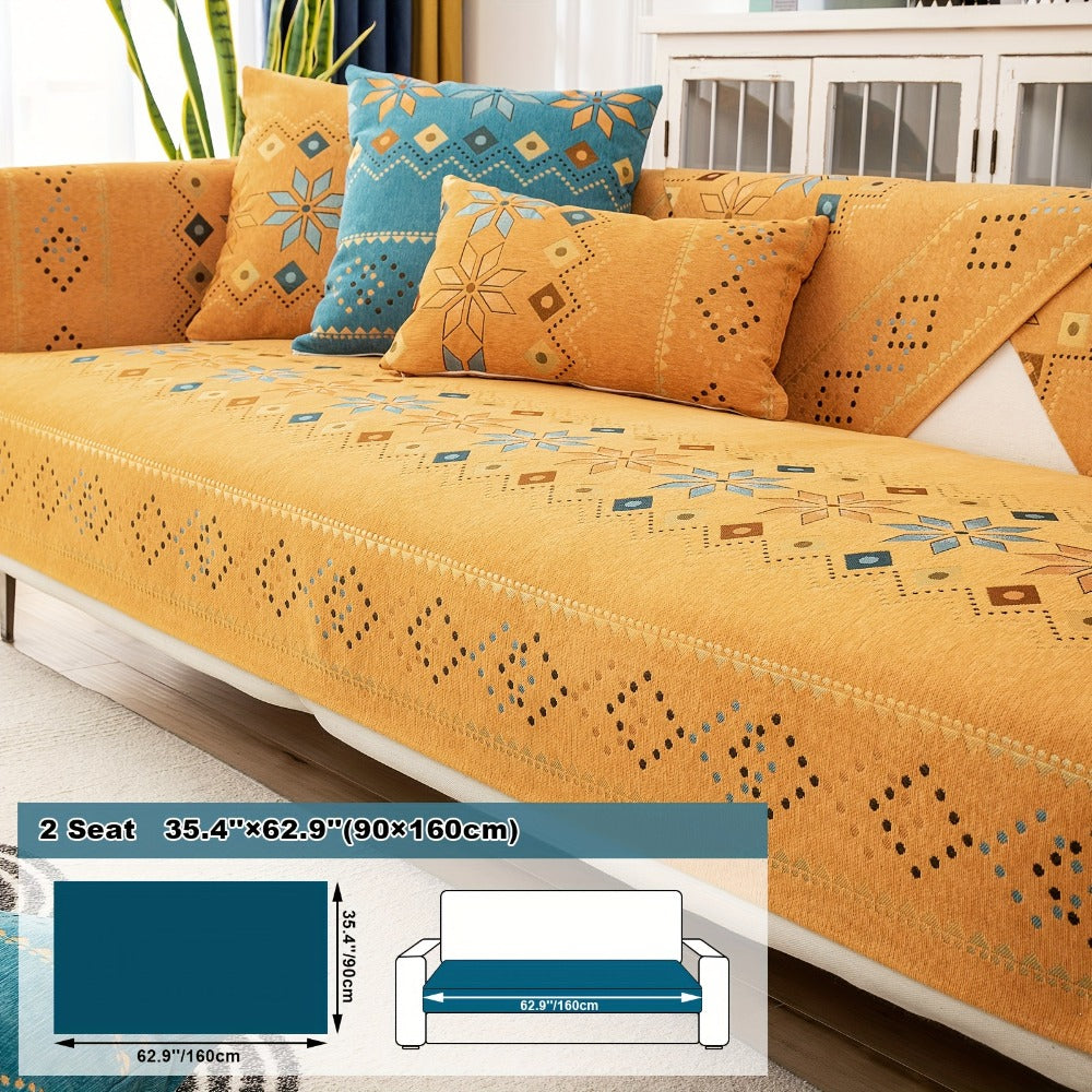 Bohemian Chenille Sofa Cover | Geometric Print Non-Slip Couch Slipcover, Thick Plush Boho Style, 1 to 4 Seat, Armrest & Backrest, Machine Washable, Sectional Sofa Protector