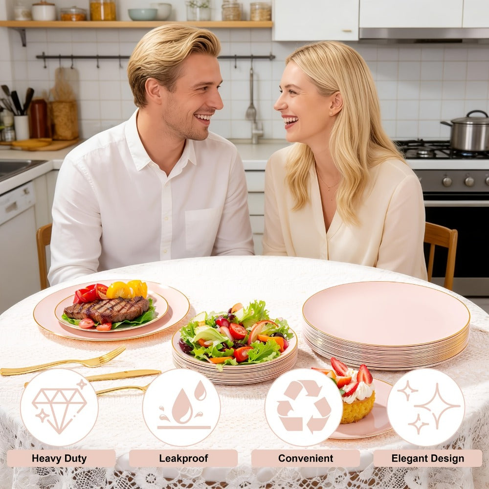 Disposable Plastic Plates Set 50 Piece - Pink Gold Rim Party Tableware with Dinner Plates, Dessert Plates & Utensils for Birthday Wedding Holiday