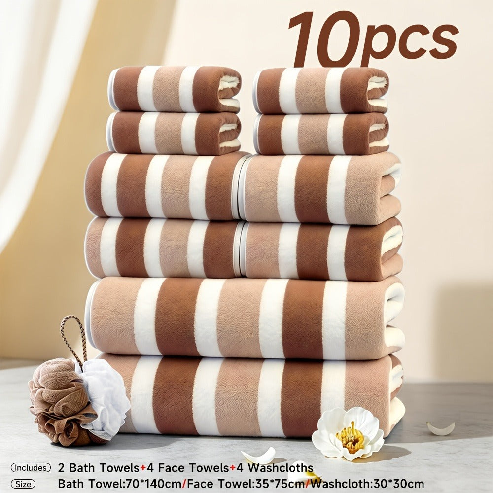Microfiber Towel Set No Hair Loss Five-Star Hotel Standard - Ultra Soft 100% Polyester Two-Color Striped | 10pcs 3pcs 1pc | Green Brown Gray Red Blue | Bath Face Hand Towels with Bath Ball