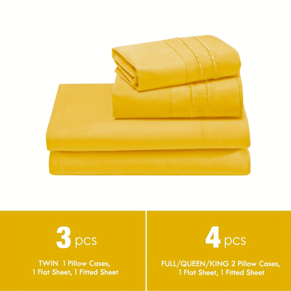 Fitted Sheet Set Deep Pocket | Soft Cooling Breathable Bedding 3-4pcs Fade-Resistant All-Season for Twin Full Queen King ¨C Solid Color Bed Sheets for Dorm Guest Room Everyday Use