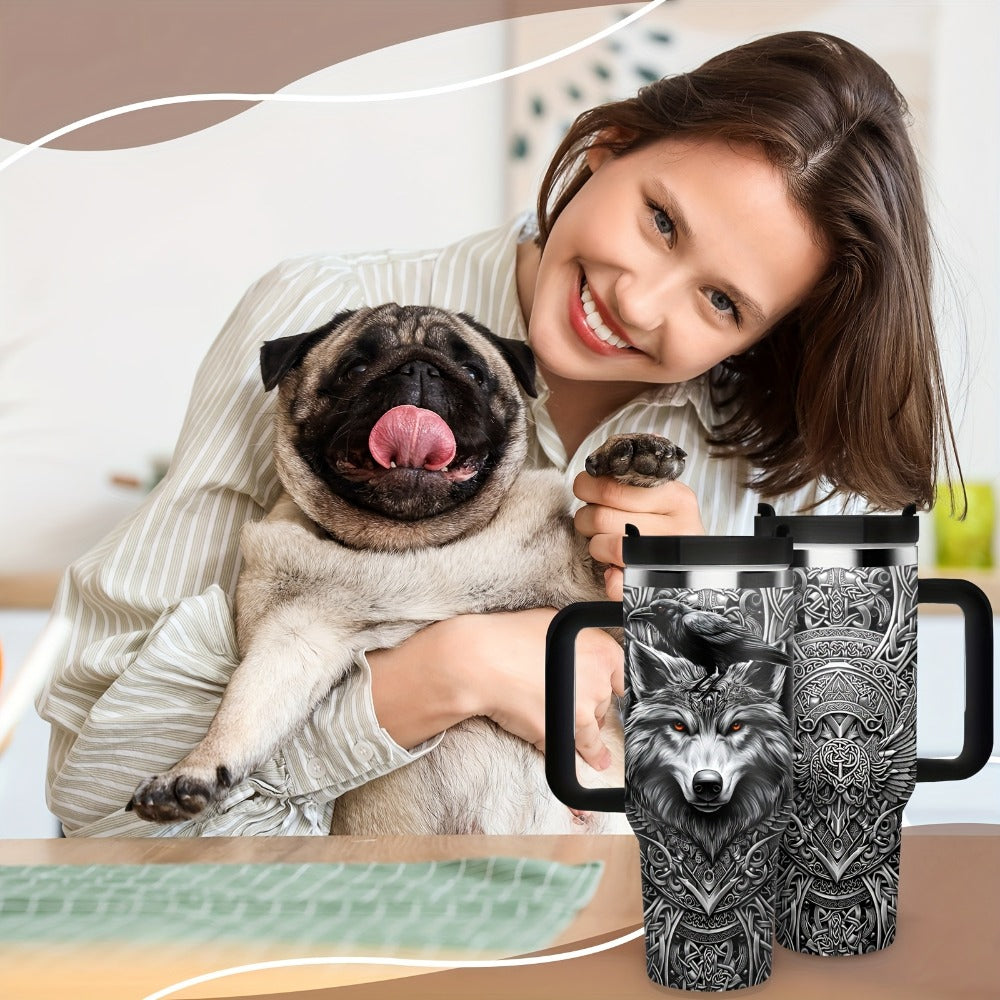 40oz Viking Tumbler with Handle - Wolf Raven Norse Mythology Celtic Knot Stainless Steel Insulated Travel Mug, Viking Gift for Men Women, Coffee Mug for Viking Lovers, Norse Mythology Gift