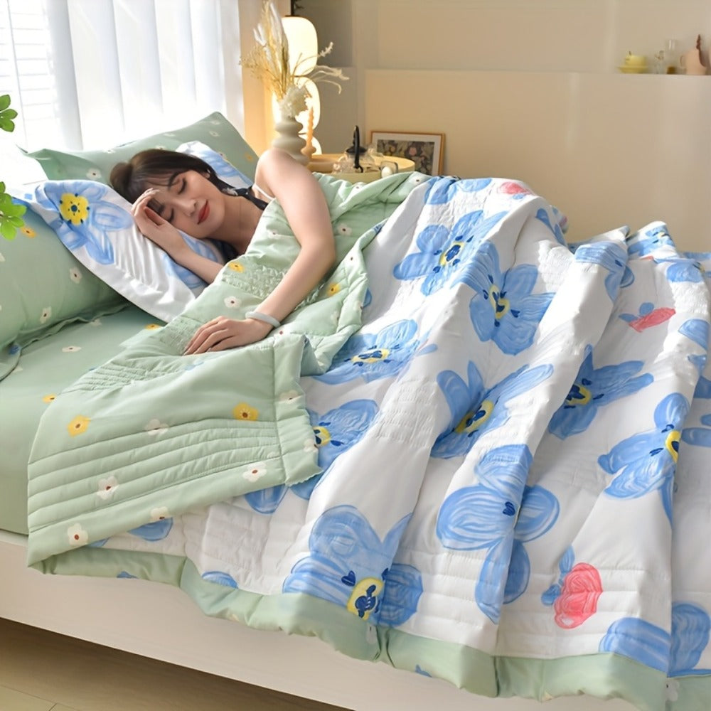 Quilt Set 3 Piece Summer Cooling ¨C Floral Printed Thin Comforter with 2 Pillowcases, Soft Skin-Friendly Bedding for Twin Full Queen King, All Season Lightweight Blanket for Bedroom Hotel Guest Room