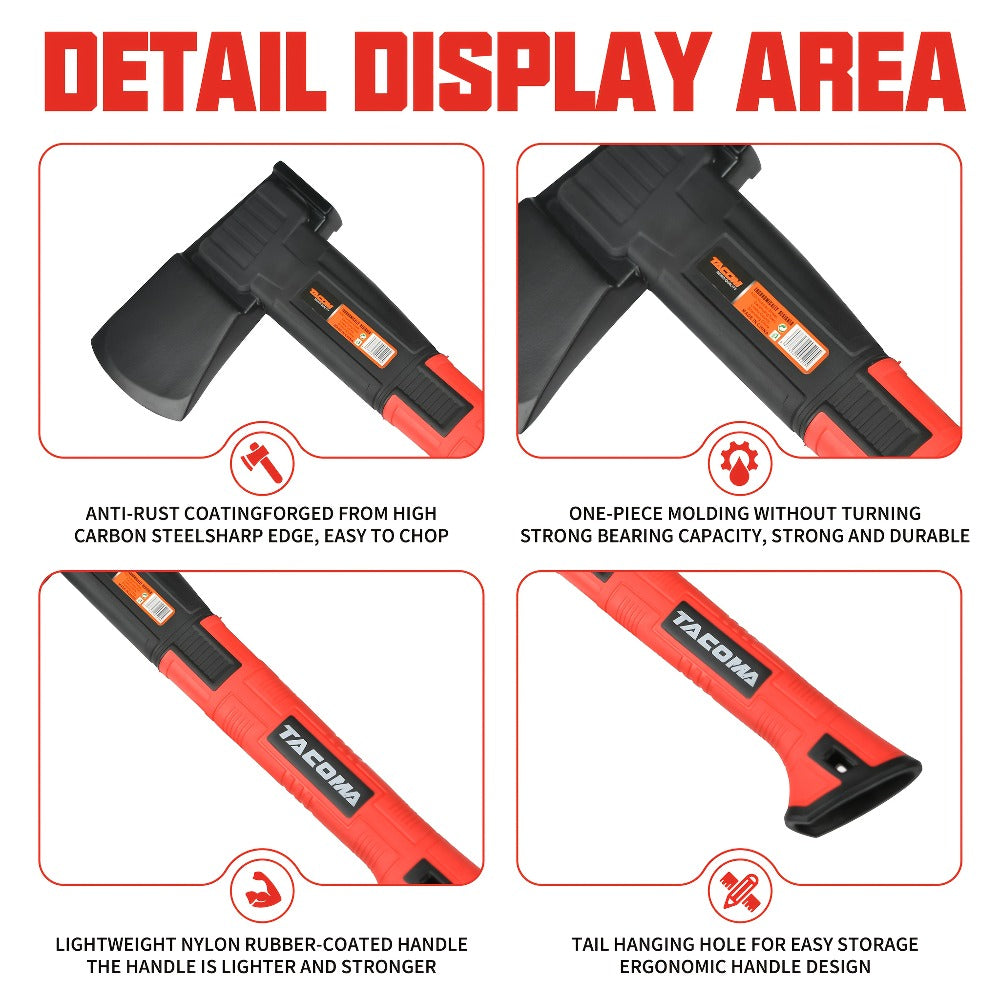 Camping Hatchet 15 Inch Splitting Axe 45 Carbon Steel with Nylon Rubber Non-Slip Handle ¨C Teflon Blade, Blade Cover & Optional Whetstone Set for Wood Chopping, Tree Cutting, Hiking Backpacking Outdoor